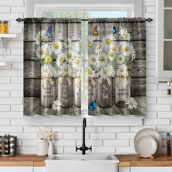 Farmhouse Flower Kitchen Curtains: White Floral Window Drapes for Dining Room, Brown Daisy Wooden Short Cafe Curtain Rod Pocket 2 Panels Window Curtains for Living Room Decor 24 Inch Length