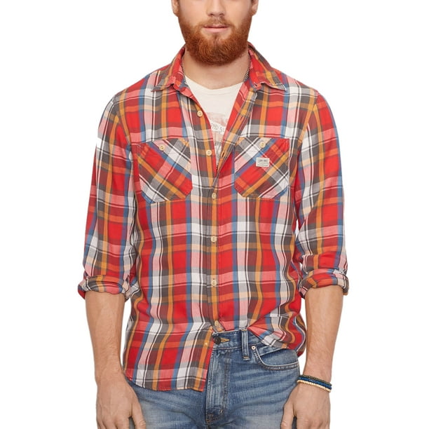 Denim Supply Denim Supply Ralph Lauren Lightweight Plaid Flannel Shirt Red Orange Small Walmart Com Walmart Com