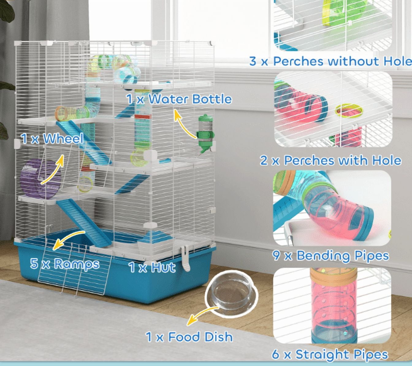 Hamster Cage 6 Tier with Tubes & Tunnels, Light Blue - Dwarf Hamster Gerbil Habitat