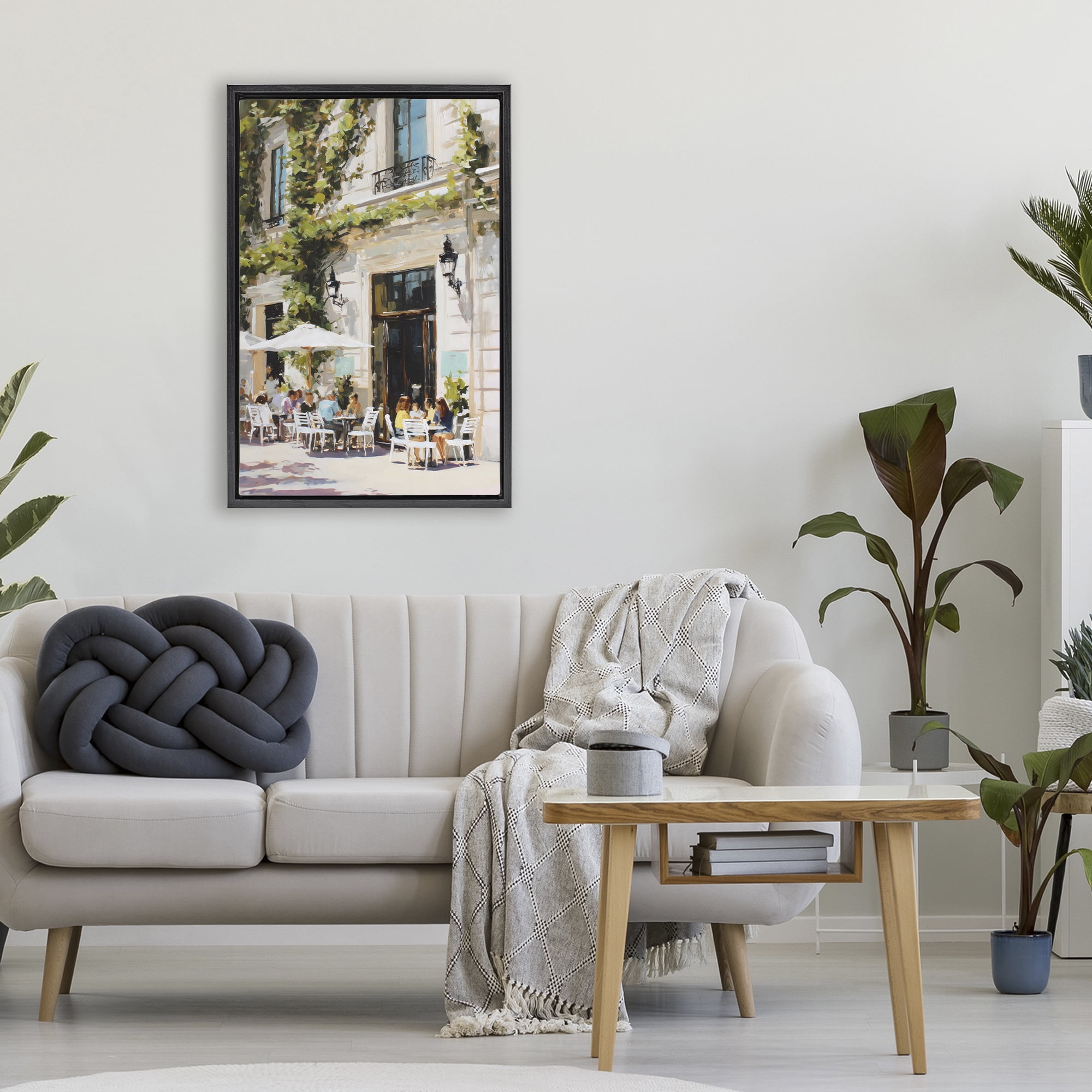 Stupell Industries Streetside Cafe Terrace with Ivy Black Framed Floater Canvas Wall Art, design by Petal Prints Design