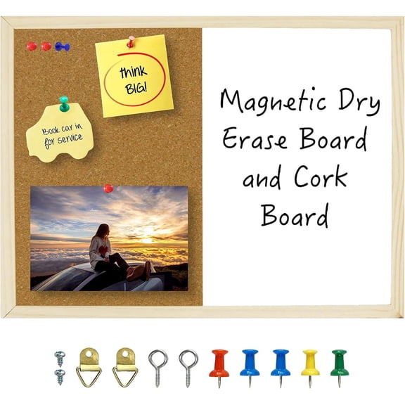 Dry Erase Cork Board 16.5"x12.6", Notice Pin Board, Memo Board, Vision Board, Bulletin Board for Office, Classroom or Home, Mounting Hardware and Push Pins Included, Wooden Frame