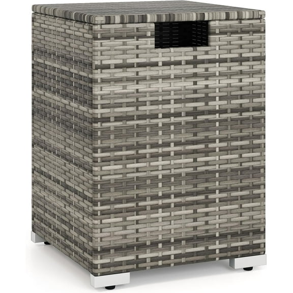 SLSRFD 2-in-1 Propane Tank Cover Table, Rattan Outdoor Gas Tank Hideaway with Storage Side Table for 20 lbs Propane Cylinder, Patio End Table for Fire Pit & Stoves (Grey)