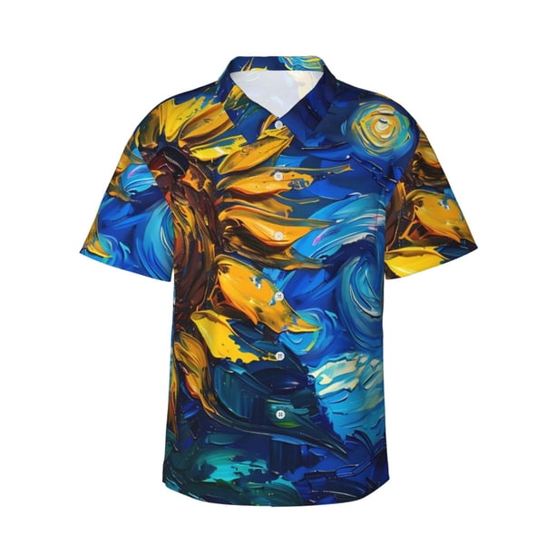 Balery Sunflower Starry Night Vibes Camisas hawaianas de manga corta para hombre, camisas playeras de corte holgado, camisas de vacaciones con botones,Large