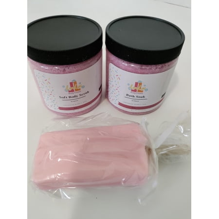 Lovlai Body Treats Bubble Gum 3 Piece Set - Soft Scrub, Bath Soak & Popsicle Soap