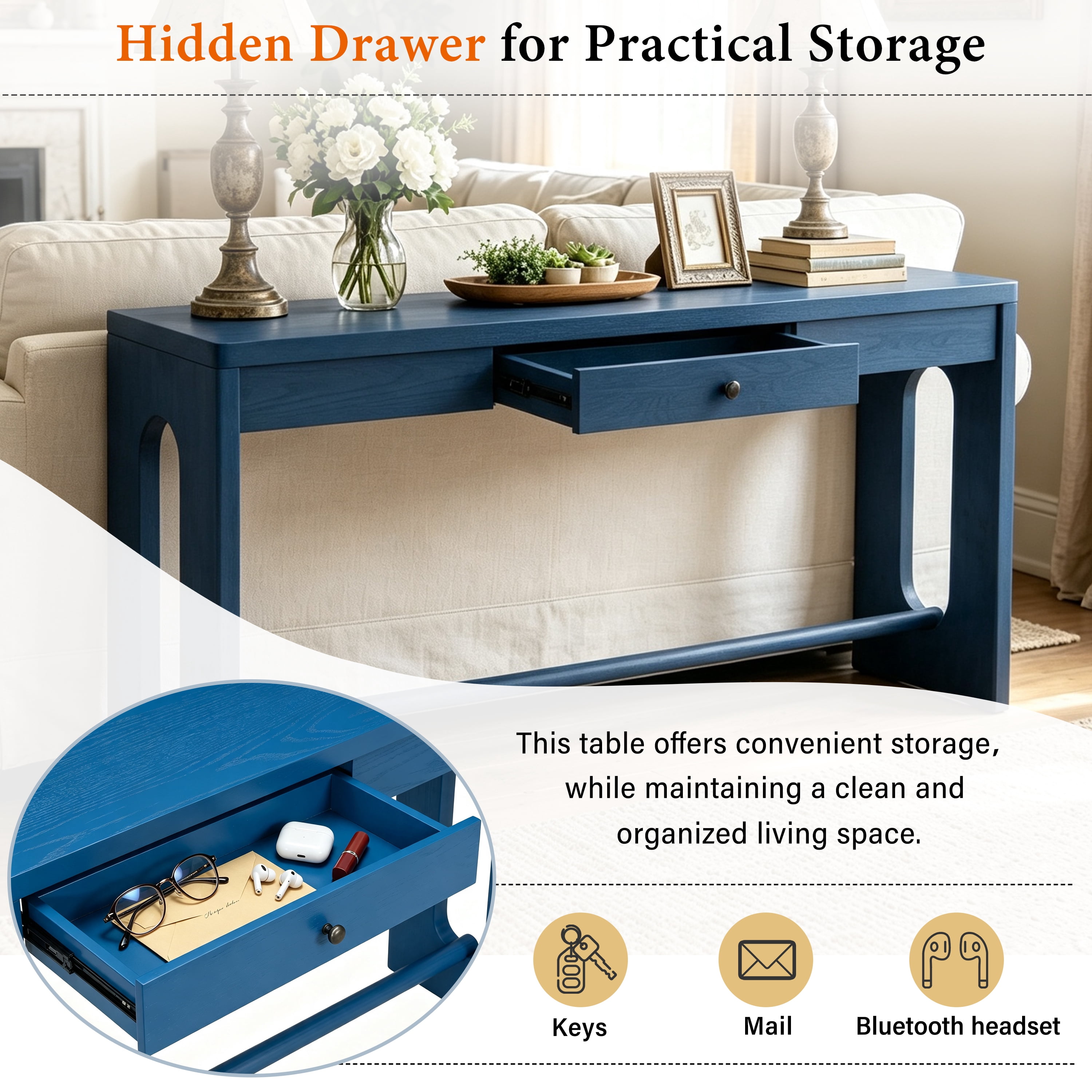 Euroco 59.8" Wood Console Table with Drawer,Modern Narrow Entryway Table with Oval Cutout Leg for Living Room, Foyer,Sofa Table Behind Couch,Navy Blue