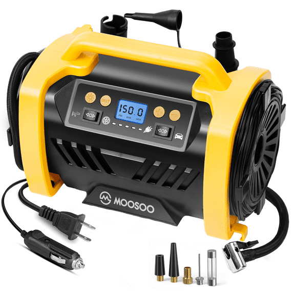 MOOSOO 150PSI Tire Inflator Air Compressor, 12V DC / 110V AC Dual Power, Portable Air Pump for Car Tires, Inflatable Mattress, Bicycle, Pool Toys, Yellow