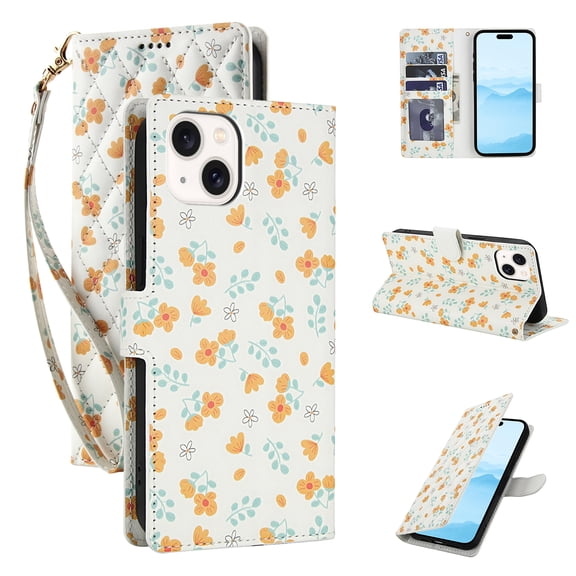 for iPhone 15 Wallet Case Women Girls, Cute Floral Pattern PU Leather Flip Phone Cover with Card Holder, Kickstand, Wrist Strap, Protective Purse Case for iPhone 15, Pattern-C