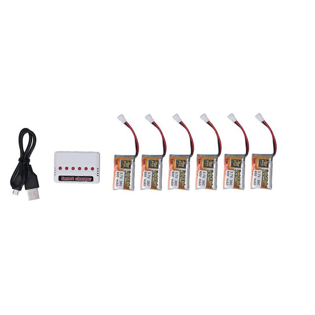 Lot de 6 batteries LiPo 1S 30C 600mAh 3,7V avec chargeur XH2.54 blanc pour voiture télécommandée