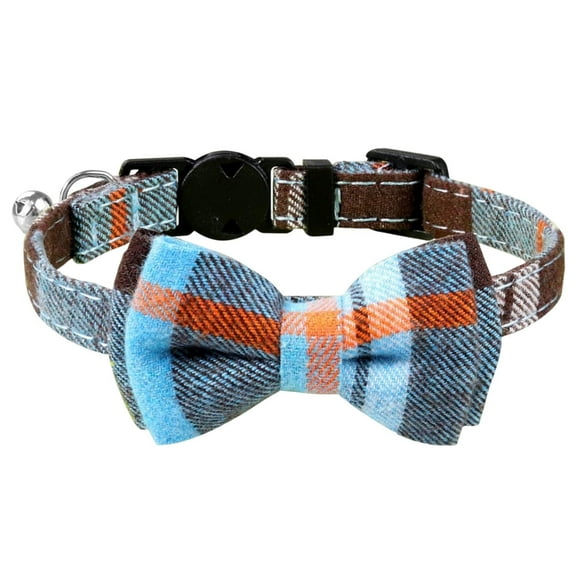 BTEPSGA Upgraded Cat Collar with Bells, Breakaway Cat Collars with Bow Tie, 1 Pack Girl Boy Safety Plaid Kitten Collars, Haze Blue