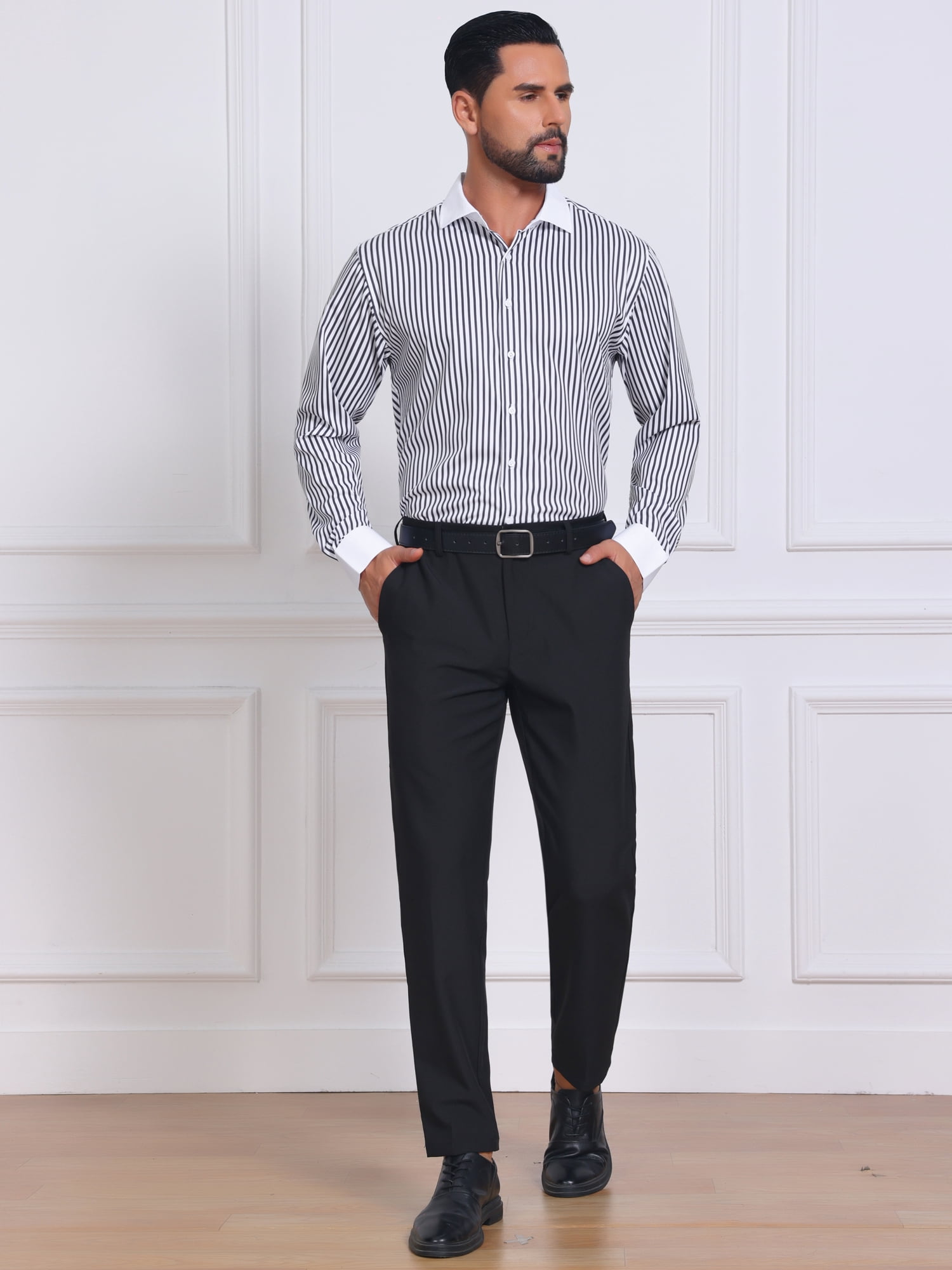 DARING DIVA Men's Striped Button Down Long Sleeve Stretch Shirts L Black