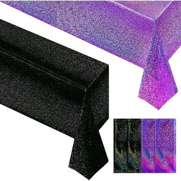 4 Pcs Black & Purple Holographic Laser Tablecloths Iridescence Shiny Table Covers 40" x 108" Halloween Decorations Space Plastic Table Cloths for Birthday Party Wedding Events Supplies