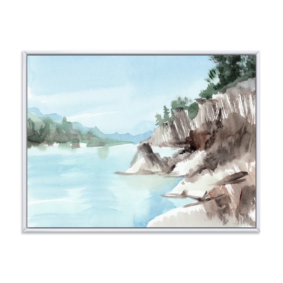 Designart 'Rocks With The Blue Lake' Lake House Framed Canvas Wall Art Print