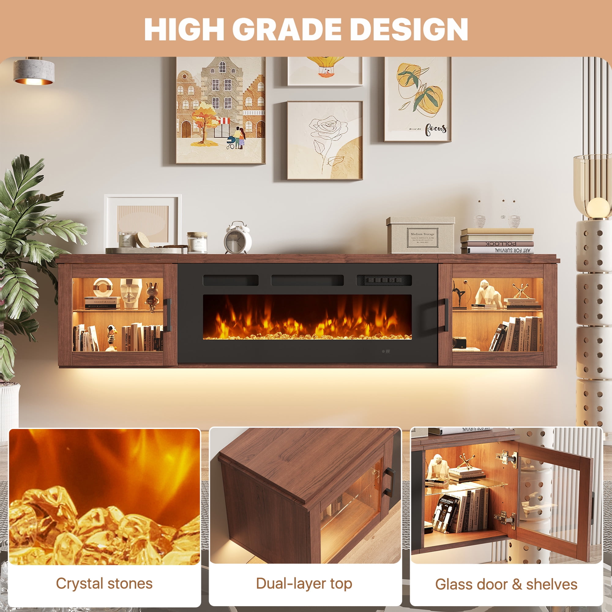 BaPiPro 70" Floating TV Stand for TVs up to 80", Wall Mounted Entertainment Center with 36" Electric Fireplace Heater, LED Lights, Brown