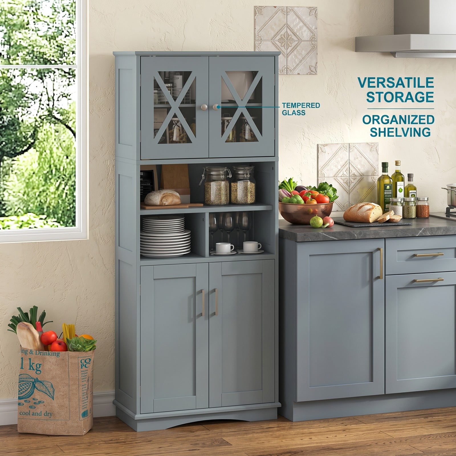 ALPULON Tall Bathroom Storage Cabinet, Freestanding Floor Linen Tower with Acrylic Doors, 3 Adjustable Shelves and 3 Open Cubes, MDF Organizer for Bathroom, Gray