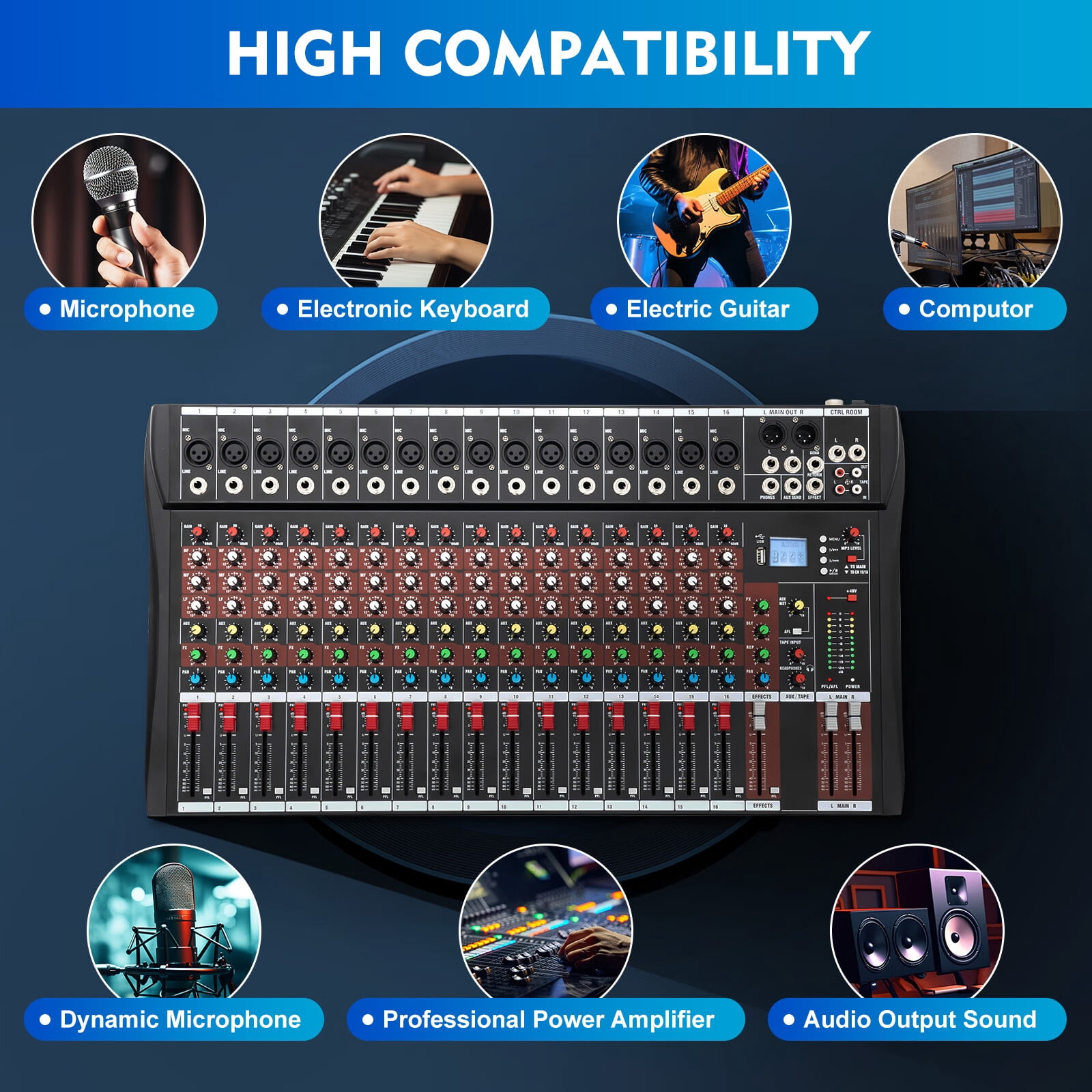 ANQIDI Professional 16 Channel Audio Mixer Sound Board Console Bluetooth Live Studio Audio Mixer