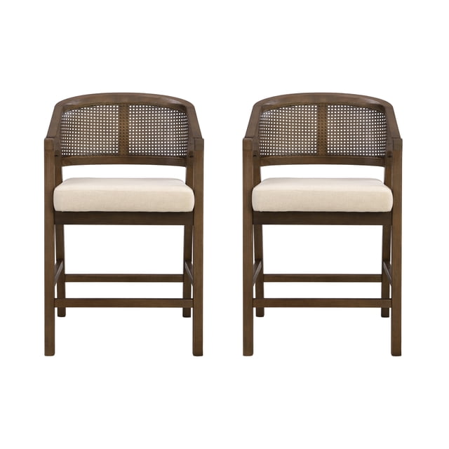 Noble House Wooden Frame Counter Stool Set of 2,Rattan Back with Rubberwood Frame,Beige+Walnut