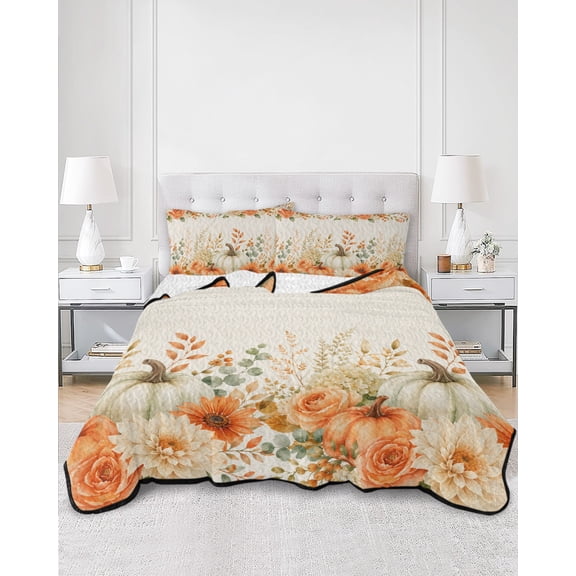 Quilts Twin Size, Orange White Pumpkin Soft Comforter Bedding Set for Bed, Fall Thanksgiving Rustic Botanical Beige Lightweight Quilted Bedspread with Pillow Cover(2 Pieces), 68x86 Inch