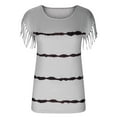 thumbnail image 3 of QLEICOM Women Stripe Tassels Short Sleeve Crewneck T-shirt Blouses Shirts Tops Gray L, US Size 8, 3 of 7
