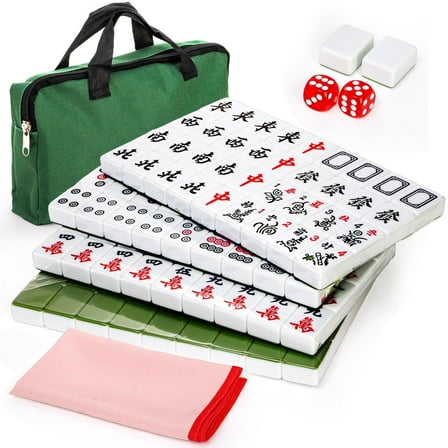 Chinese Mahjong Set- 146 Small Melamine Tiles(1.18", Green) with Portable Travel Handbag, Playing Mat and 2 Dice for Family Gathering