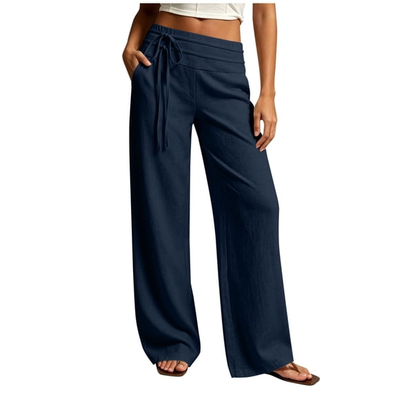 Sevevn Women's Linen-Look Drawstring Wide Leg Pants High Waist Casual Trousers with Pockets Navy L