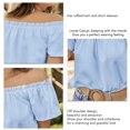 thumbnail image 3 of Blusa de manga corta con volantes y dobladillo con volantes para mujer Camisa con hombros descubiertos de color puro de verano, 3 of 8