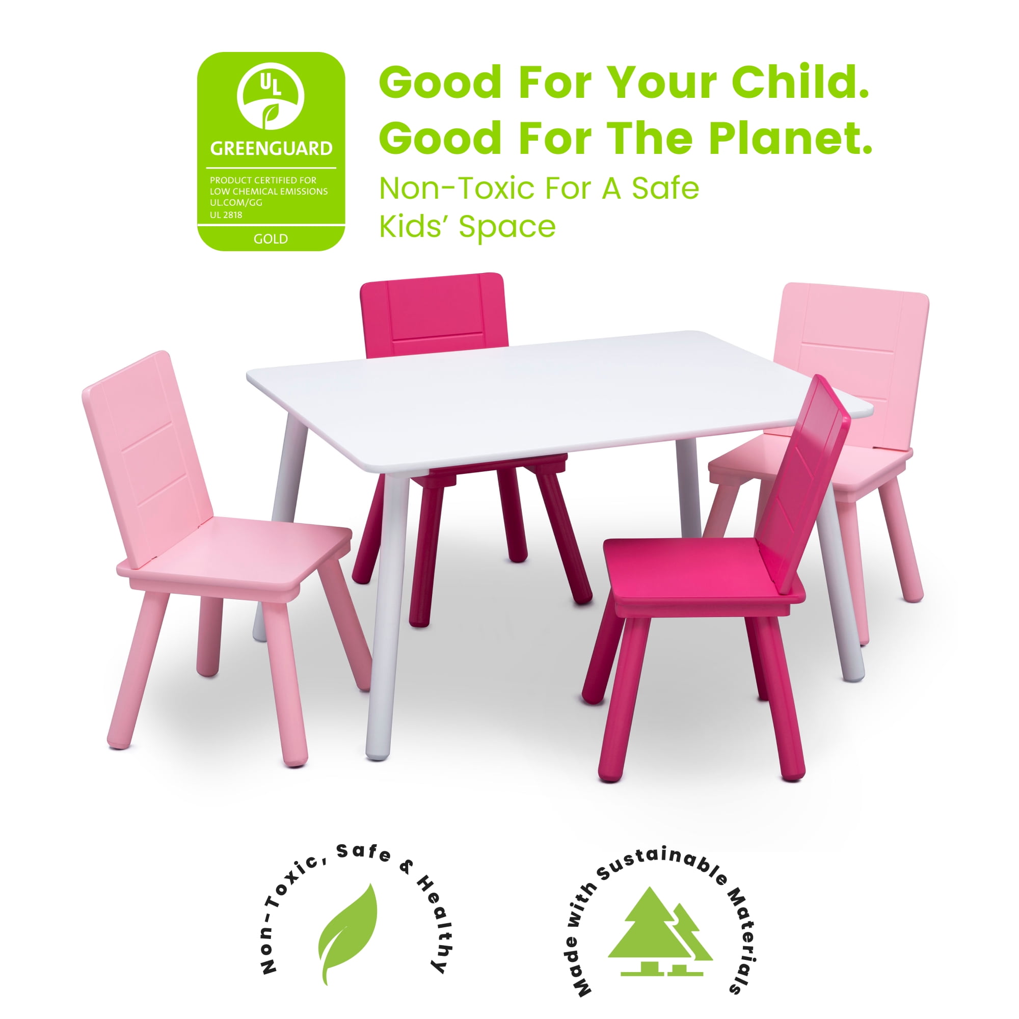Delta Children Kids Chair Set and Table (4 Chairs Included), White/Pink