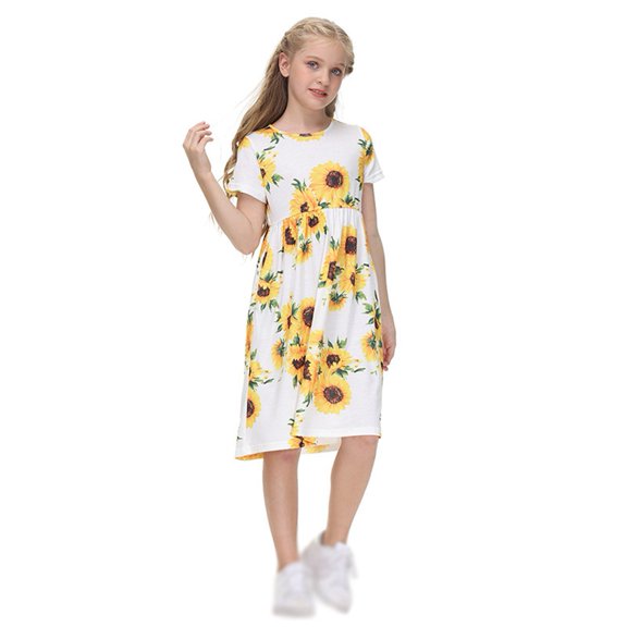 GYRATEDREAM Girls Floral Dress Crew Neck Short Sleeves Casual Summer Dresses for Kids 5-14Y