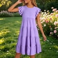 thumbnail image 2 of Big Girls Dresses Solid Color Round Neck Puff Sleeve Kids Party Outfit Girls Beach Dress Size 10-11T, 2 of 6
