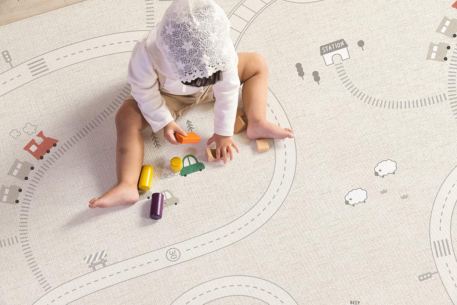 Parklon Ultra-Soft Cushioned Baby Play Mat (Around Town + Fabric Beige, One-Piece, Reversible, Water Resistant, Medium)