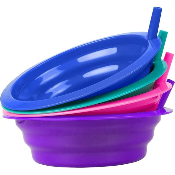 Cibi Cereal Bowls with Straws for Kids BPA-Free Plastic | Toddler Sip-A-Bowls with Built-In Straw for Cereal and Soup | Set of 4 Cool Colorful Breakfast Bowls