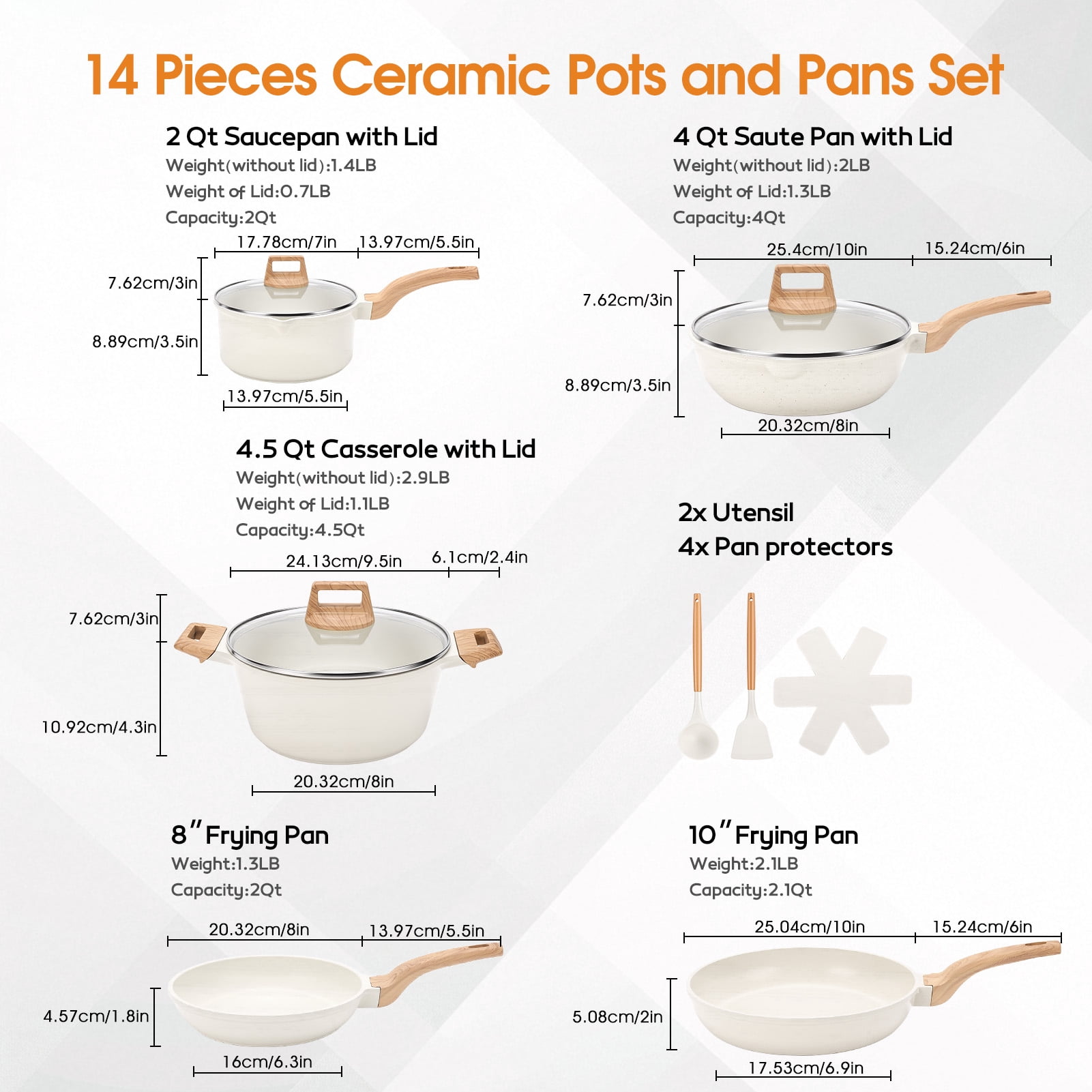 Ceramic Nonstick Pots and Pans Set, 14Pcs Healthy Non Stick Cookware Set with Pots Protectors, Induction Kitchen Cookware Sets White