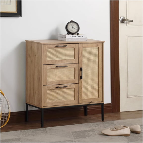 JERFIT Mid Century Modern 3-Drawer Storage Cabinet with Rattan Doors, Adjustable Shelves, Solid Wood Legs for Living Room, Dining Room, Natural
