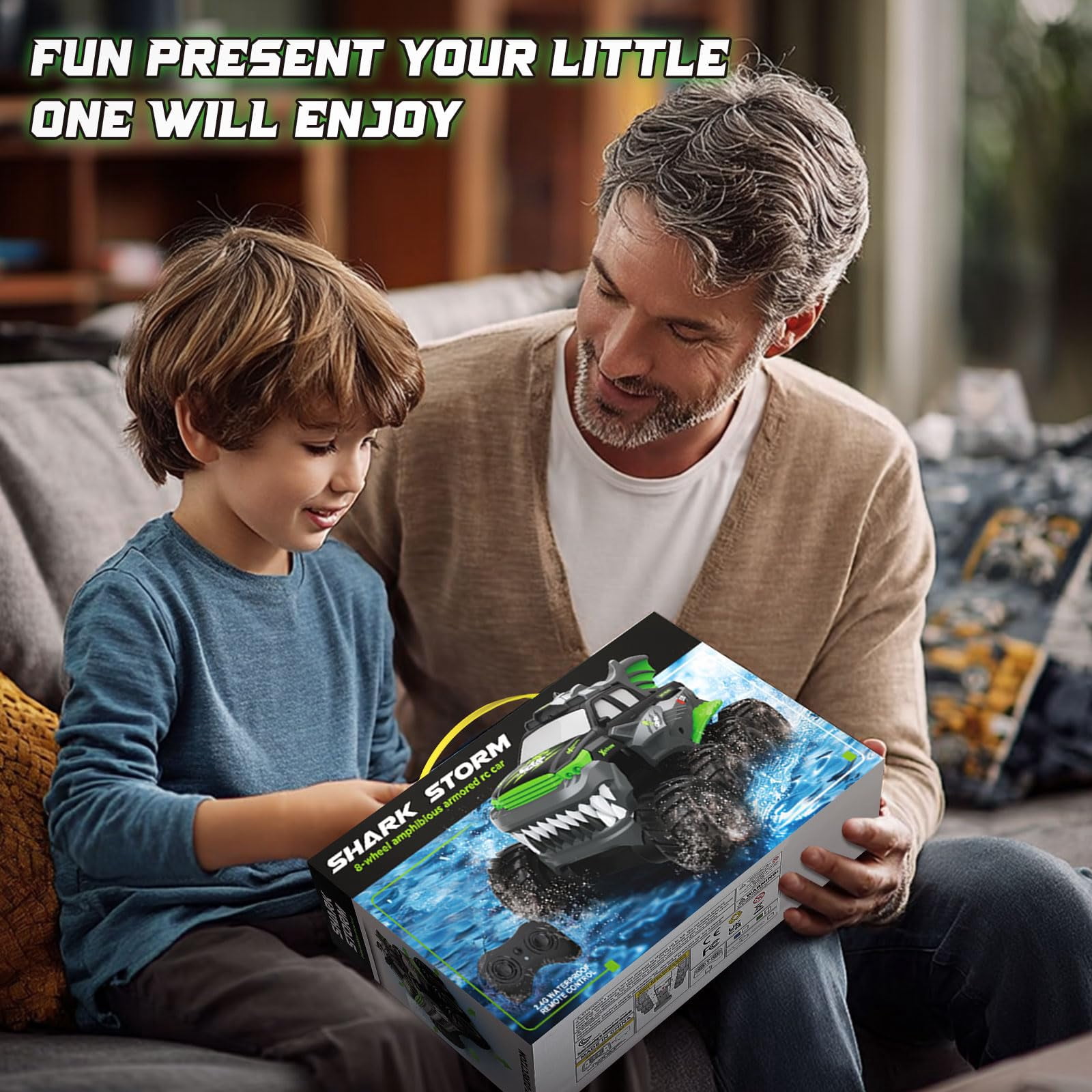 Amphibious Remote Control Car 8WD RC Monster Truck with 2 Rechargeable Batteries for Boys Age 8-12 Offroad Waterproof RC Pickup All Terrain RC Drift Cars Beach Pool Toys Gifts for Kids