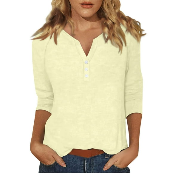 DENGDENG 3/4 Sleeve Dressy Tops for Women Plus Size Summer Button Down T Shirts V-Neck Casual Elbow Shirts Boho Three Quarter Length Blouses Fashion 2025 Petite Clothes Beige 3XL