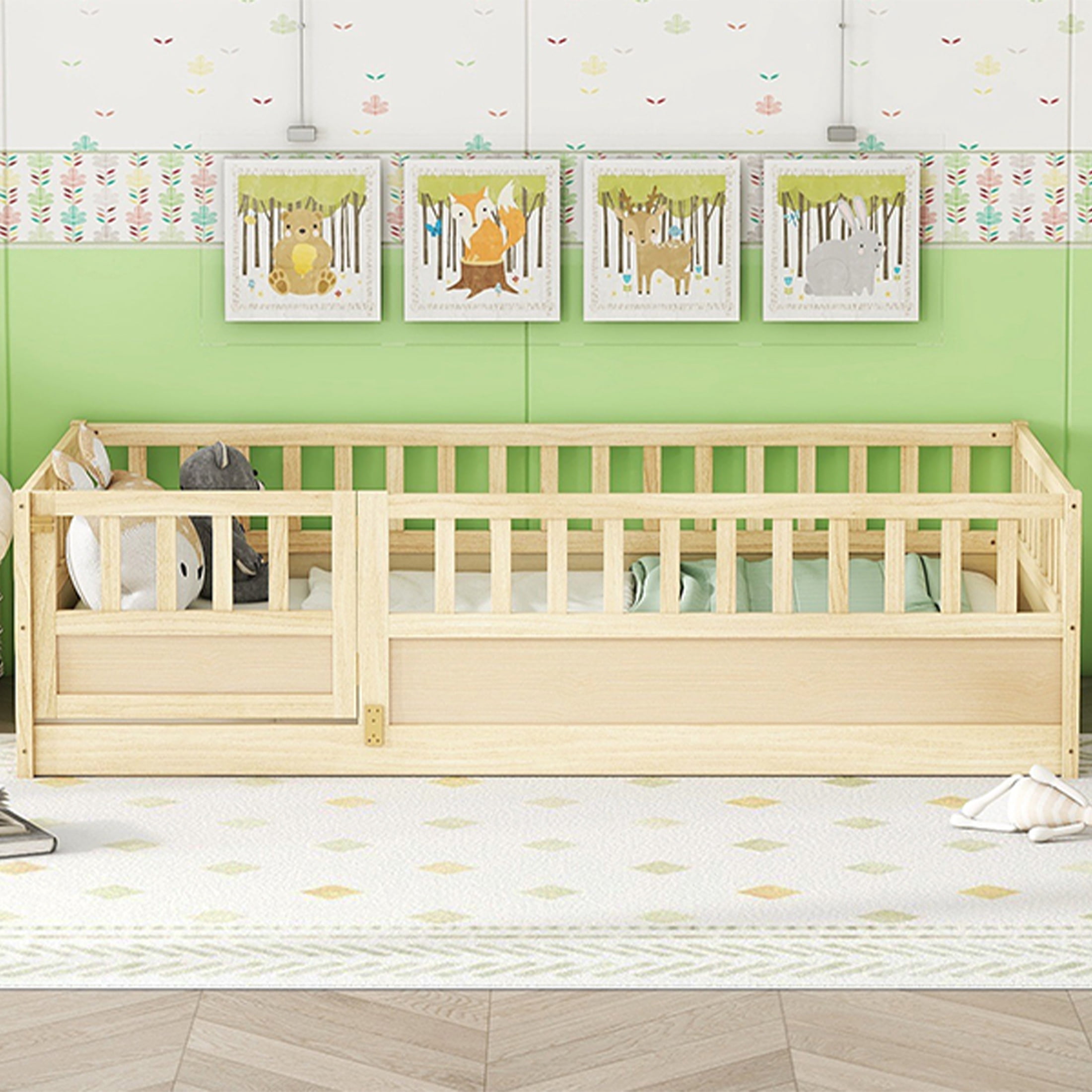 PORKISS Twin Montessori Floor Bed Frame, Low Kids Bed with High Rails, Wooden Toddler Bed with Built-in Door, No Box Spring Needed, No Slats, Safe Sleeping Space for Children, Natural