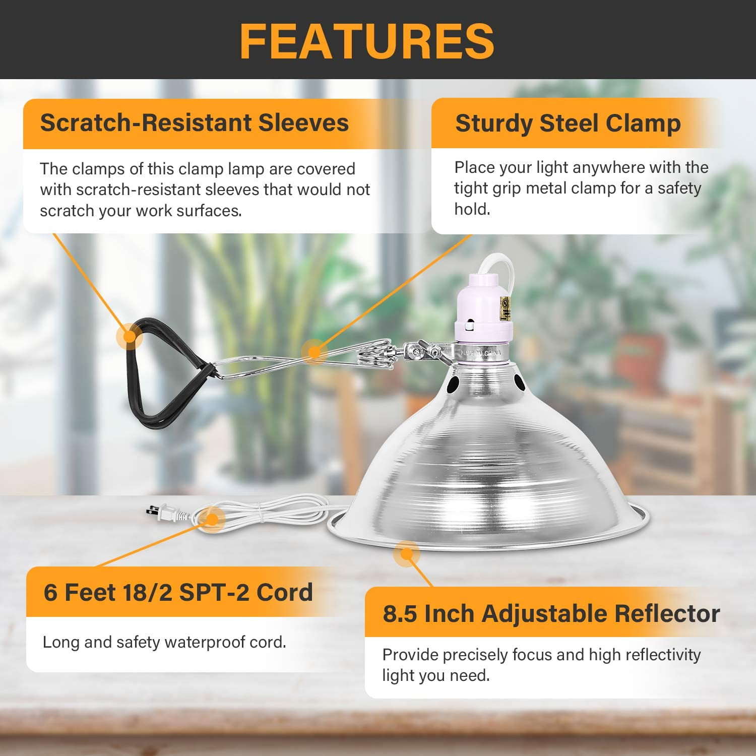 no Bulb Included Simple Deluxe HIWKLTCLAMPLIGHTMX6 6-Pack Clamp Lamp Light with 8.5 Inch Aluminum Reflector up to 150 Watt E26 6 Feet 18/2 SPT-2 Cord UL Listed 