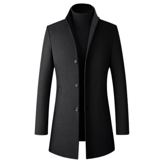 Defitshape Men's Wool Blend Pea Coat Winter Fall Top Quilted Warm Long Coat Slim Fit Single Breasted Top Coat Casual Work Thick Band Collar Long Sleeve Pocket Topcoats Black Medium