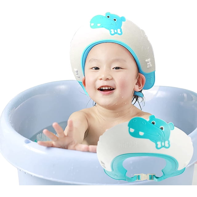 Visera de baño para niños, gorro de baño para bebés, gorro de ducha para niños de 0 a 9 años, gorro de baño con visera ajustable que protege los ojos y los oídos de los niños (hipopótamo azul)