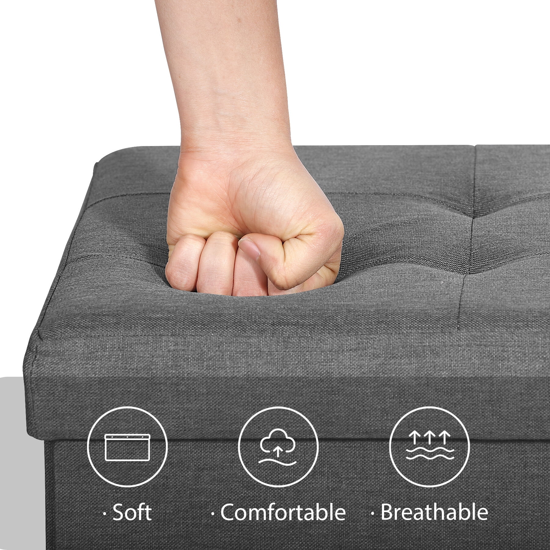 HomGarden 43'' Linen Storage Ottoman Bench, Foldable Footrest Stool W/ Divider, Light Gray