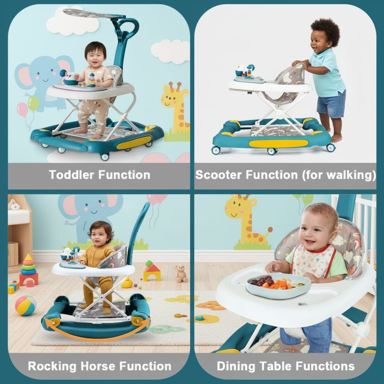 YYuan 4-in-1  Baby Walker with Wheels, Foldable Push Walker with Music & Interactive Toys for Boys and Girls,Green