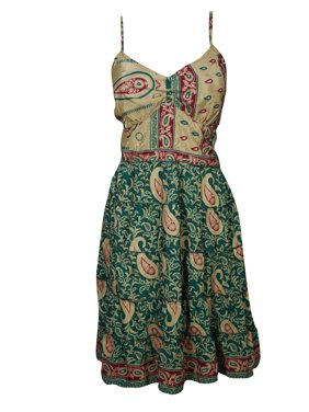Mogul Bohemian Sari Vintage Dress Spaghetti Strap Recycled Printed Beach Gypsy Dresses S/M