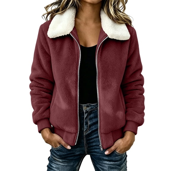 cocolona Double Sided Fleece Jacket Lapel Long Sleeve Zipper Cropped Coat Loose Casual Color Block Winter Warm Outerwear