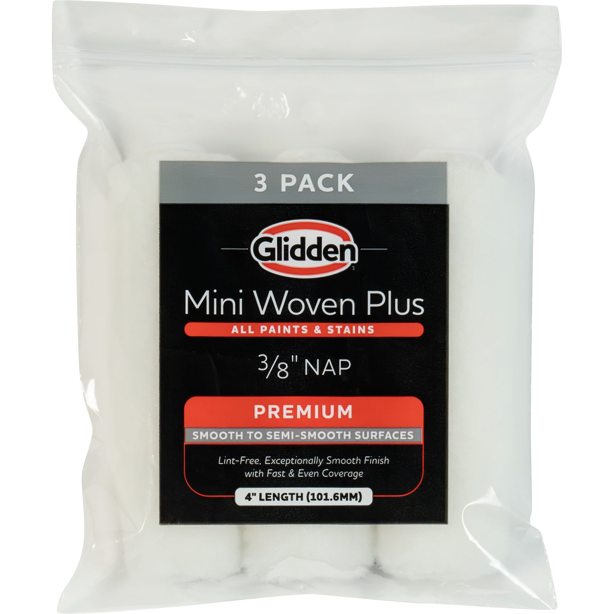Glidden 4 x 3/8" Nap Mini Woven Plus Interior/Exterior Paint Roller Cover, 3 Pack