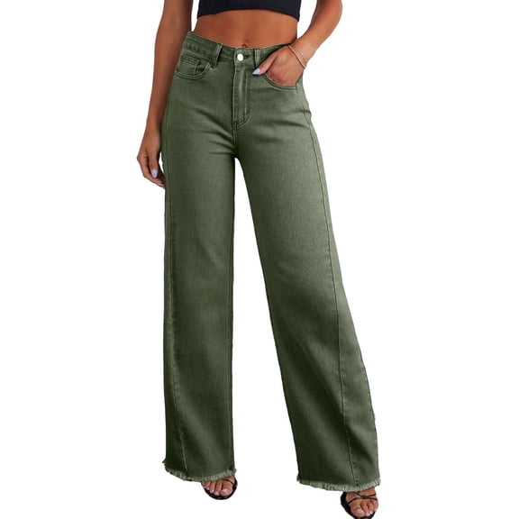 Women's Wide Leg Jeans High Waisted Strechy Raw Hem Denim Pants