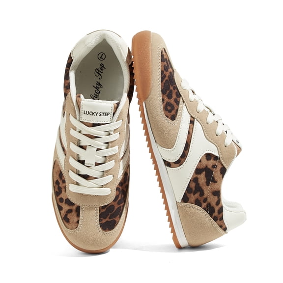 LUCKY STEP Womens Retro Thin Sole Lace up Fashion Sneakers Classic Lightweight Casual Shoes,Leopard