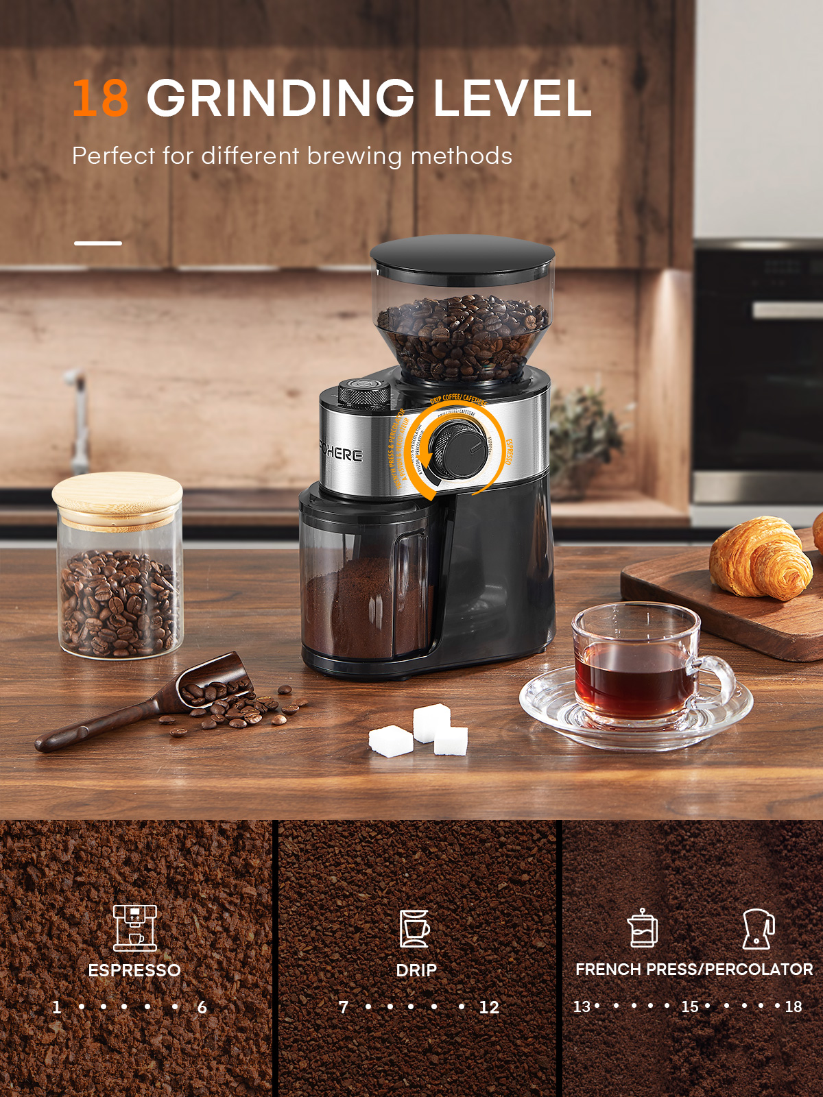 FOHERE Electric Burr Coffee Grinder, 200W photo 6