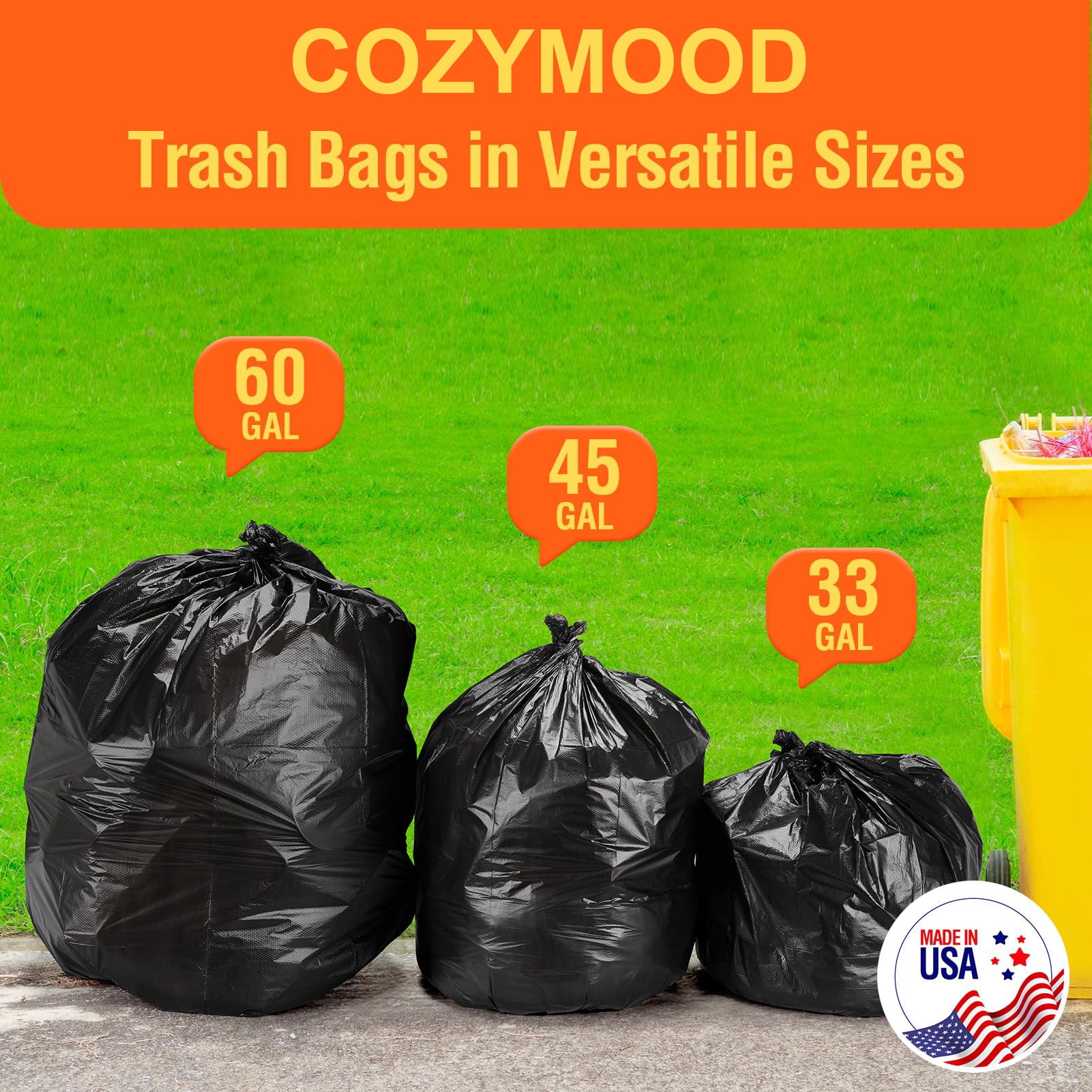 Cozymood 33 Gallon Trash Bags, 100 Count Heavy Duty Garbage Bags, Garbage Can Liners Outdoor Indoor, 0.9 Mil, Black