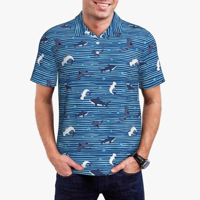 Fotbe Sharks on White Blue Striped Camiseta Polo de Golf para Hombre con Estampado – Camisa Deportiva Transpirable con Cuello Abotonado-X-Large