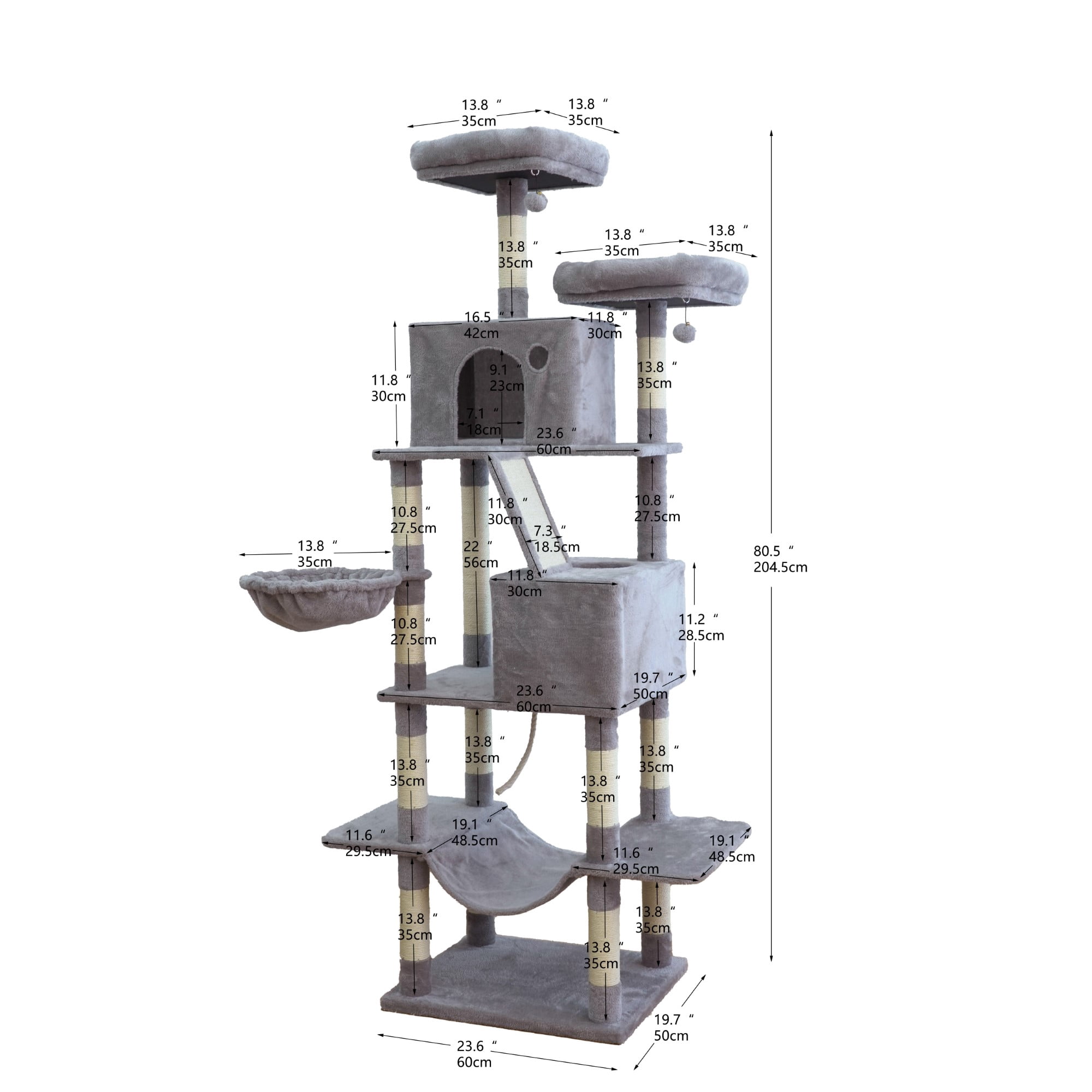 Vibrant Life Heavy Duty 7-Level 81" Cat Tree with Two Condos and Hammock, Light Gray