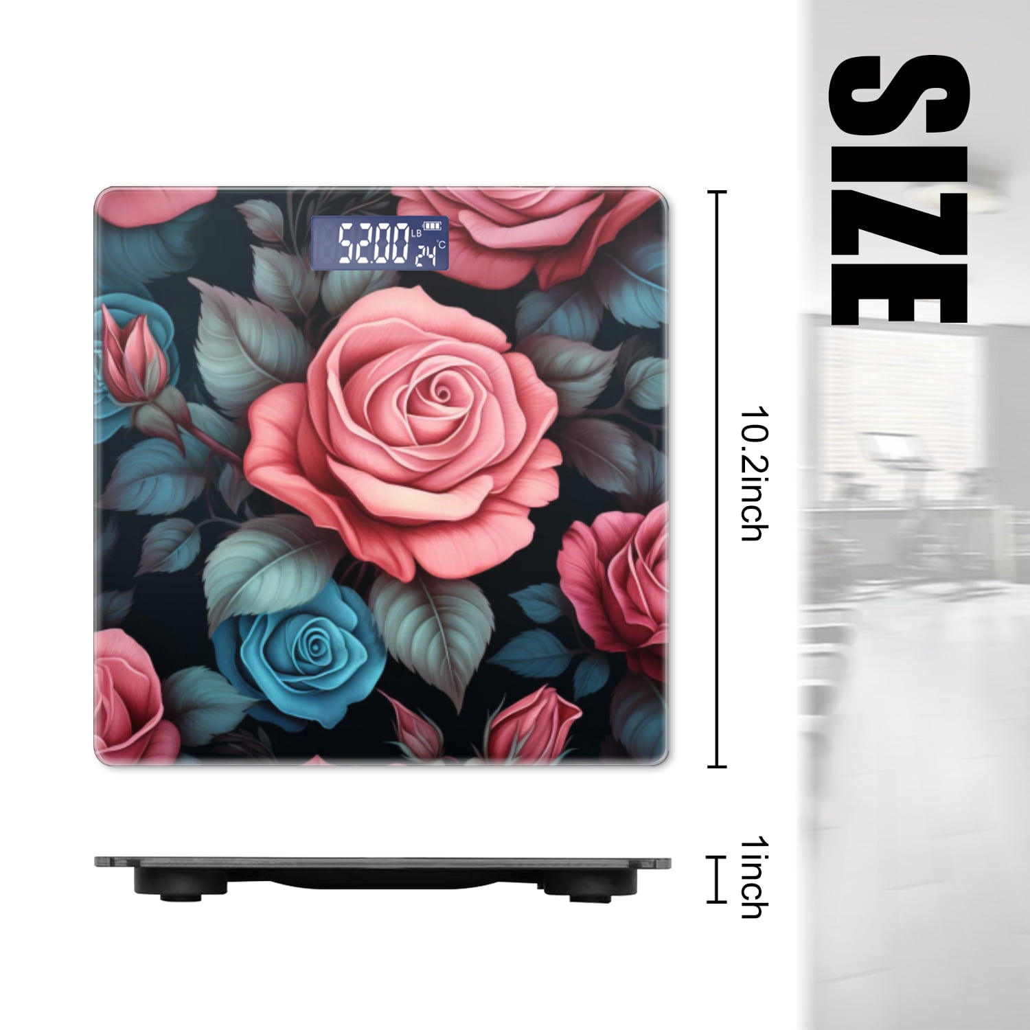 Bathroom Scale, Highly Accurate Digital Body Scale,Precisely Measures Weight up to 400 lbs-Seamless Pattern Of Pink And Blue Roses On The Dark Background